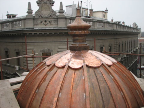 Dome flashing with segments, decorative leafs and top. Dome is 4 meters in diameter.